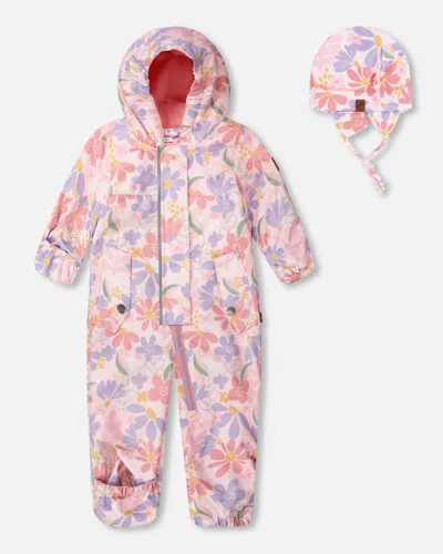 Deux Par Deux Kids' Baby Mid-season One-piece Outerwear With Hat Pink Flower Print