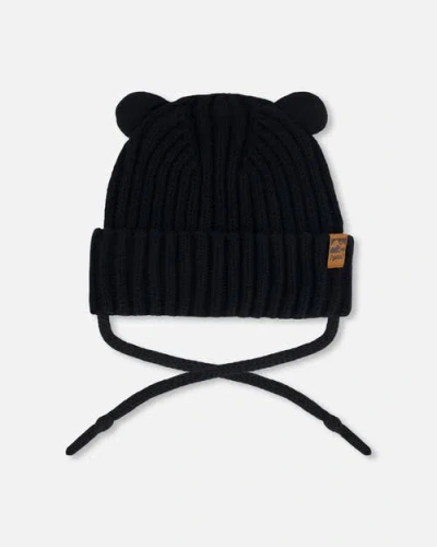 Deux Par Deux Kids'  Baby Unisex Baby Knit Hat With Strings Black