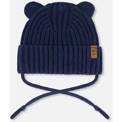 Deux Par Deux Kids'  Baby Unisex Baby Knit Hat With Strings Navy Blue