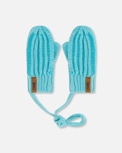 Deux Par Deux Baby Unisex Knit Mittens With Cord Turquoise