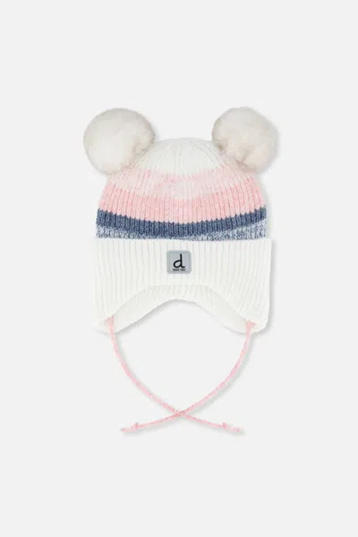 Deux Par Deux Kids' Baby Winter Knit Hat With Ear Flaps And Pompoms Off-white, Pink And Blue In Multi