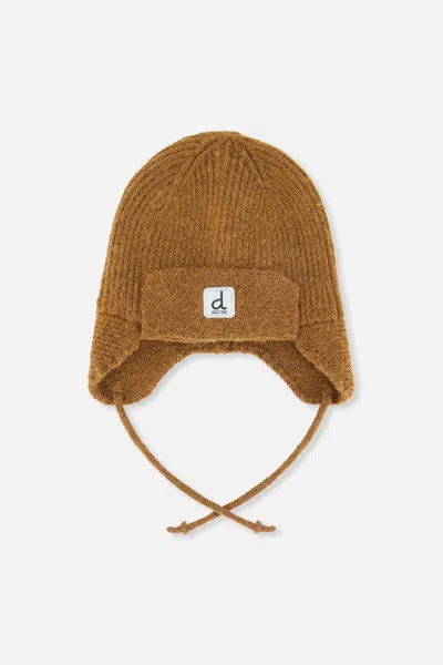 Deux Par Deux Kids' Baby Winter Knit Hat With Ear Flaps And Strings Brown Sugar In Orange