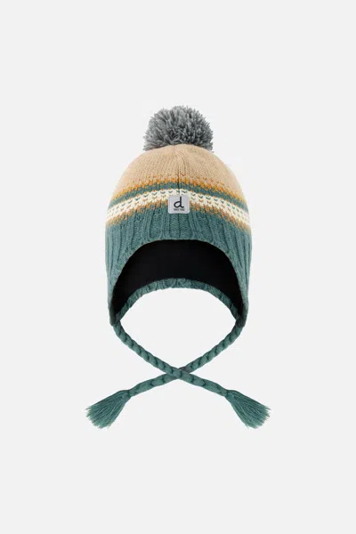 Deux Par Deux Kids' Baby Winter Peruvian Knit Hat With Pompom Beige And Green Jacquard In Multi