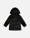 Deux Par Deux Bear Faux Fur Coat With Gold Polka Dots In Black