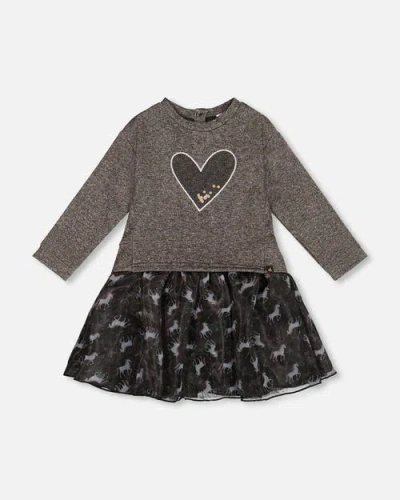Deux Par Deux Kids'  Bi-material Dress With Mesh Skirt And Heart In Brown