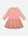Deux Par Deux Bi-material Dress With Mesh Skirt And Unicorn In Pink