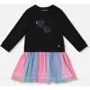 Deux Par Deux Bi-material Dress With Mesh Skirt In Black