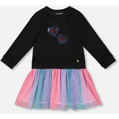 Deux Par Deux Kids'  Bi-material Dress With Mesh Skirt In Black