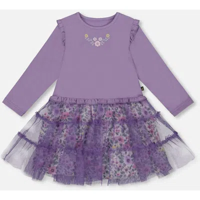 Deux Par Deux Kids'  Bi-material Dress With Muslin And Mesh Skirt In Purple