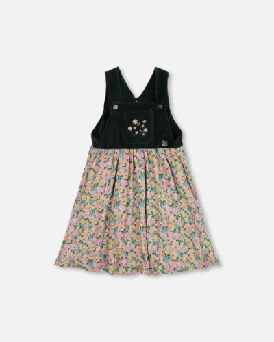 Deux Par Deux Kids'  Bi-material Overall Dress With Flower In Green