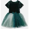 Deux Par Deux Kids'  Bi-material Short Sleeve Party Dress In Green