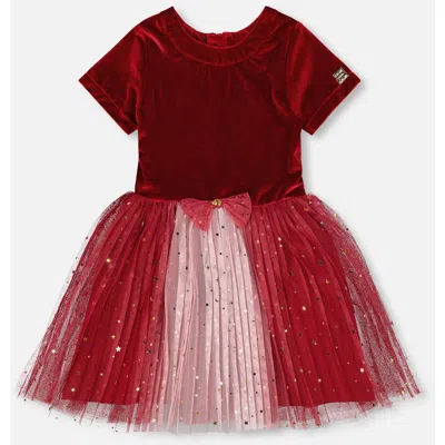 Deux Par Deux Kids'  Bi-material Short Sleeve Party Dress In Red