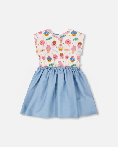 Deux Par Deux Kids'  Bi-material Soft Jersey Short Sleeve Candy Dress In Blue