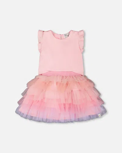 Deux Par Deux Kids'  Bi-material Short Flutter Sleeve Dress In Pink