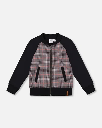 Deux Par Deux Kids' Bi-material Zip Front Jacket Gray And Black Plaid In Multi