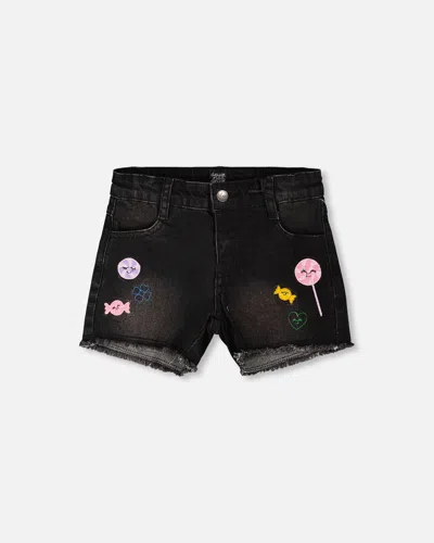 Deux Par Deux Kids'  Candy And Lollipop Embroidery Denim Shorts In Black