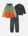 Deux Par Deux Boy's 3-in-1 Mid-season Outerwear Set Gray, Beige, Orange, And Sage In Green