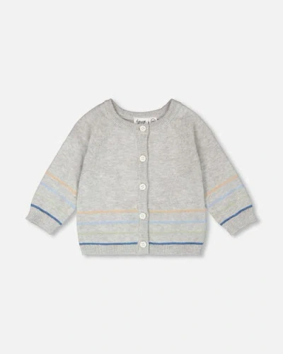 Deux Par Deux Babies'  Boy Cotton Knit Striped Button Front Cardigan In Gray