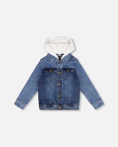 Deux Par Deux Kids'  Boy's Denim Jacket With French Terry Hood White And Denim Blue