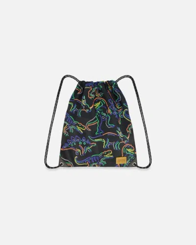 Deux Par Deux Kids'  Boy's Drawstring Bag Black Printed Neon Dino