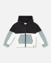 Deux Par Deux Little Boy's French Terry Color Block Full Zip Hoodie Cardigan Sweatshirt Black, Teal In Black, Teal And Shimmer