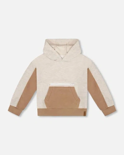 DEUX PAR DEUX DEUX PAR DEUX BOY'S FRENCH TERRY COLOR BLOCK PULLOVER HOODIE SWEATSHIRT BEIGE AND OFF-WHITE