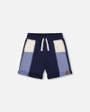 Deux Par Deux Little Boy's French Terry Color Block Short Blue, Navy And Cream In Blue, Navy And Cream