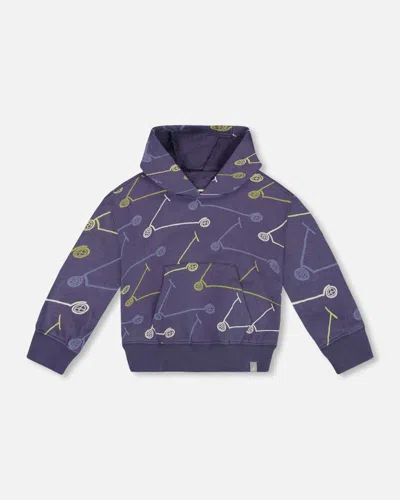 Deux Par Deux Kids' Boy's French Terry Hooded Sweatshirt Blue Printed Scooters