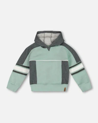 Deux Par Deux Kids'  Boy's Hooded Fleece Sweatshirt With Contrast Rib Sage Green In Dark Heather Grey