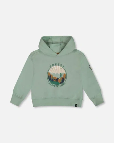 Deux Par Deux Kids'  Boy's Hooded Fleece Sweatshirt With Print Sage In Jadeite