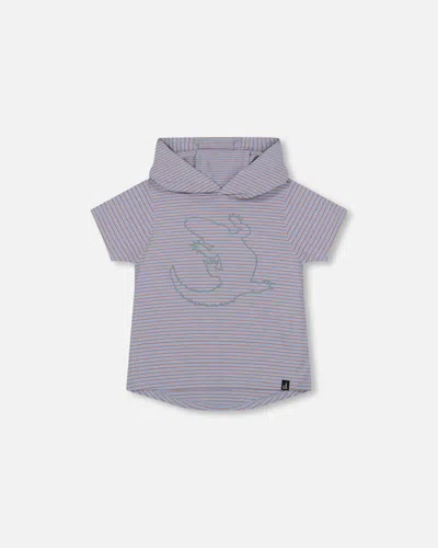 Deux Par Deux Kids' Boy's Hooded T-shirt With Crocodile Print Blue And Rust Stripe