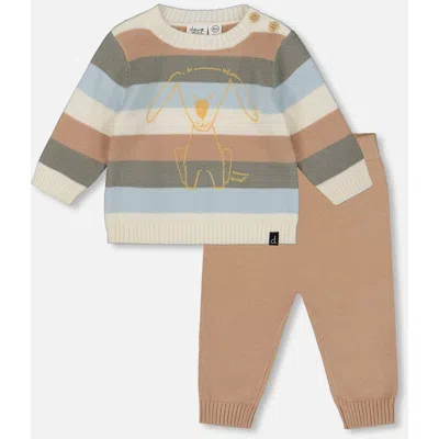 Deux Par Deux Babies'  Boy Knitted Top And Pant Set In Brown