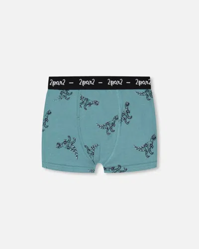 Deux Par Deux Kids' Boy's Organic Cotton Boxer Short Teal With Mechanical Dinosaurs Print In Teal With Dinosaurs