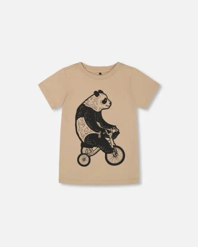 Deux Par Deux Kids'  Boy's Organic Cotton Graphic Tee Black Panda On Beige Background