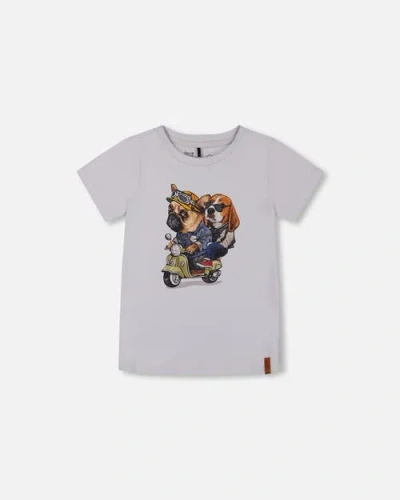 Deux Par Deux Kids'  Boy's Organic Cotton Graphic Tee Pale Blue And Puppies