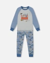 Deux Par Deux Boys' Organic Cotton Long Sleeve Top And Pants Two-piece Pajama Set - Little Kid, Big In Tools On Bluish Gray