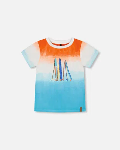 Deux Par Deux Kids'  Boy's Organic Cotton T-shirt With Gradient Blue And Orange Print