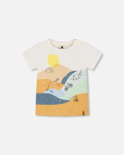 Deux Par Deux Kids' Boy's Organic Cotton T-shirt With Large Landscape Print In Off White
