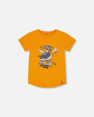 Deux Par Deux Kids'  Boy's Organic Cotton T-shirt With Sneaker Print Orange