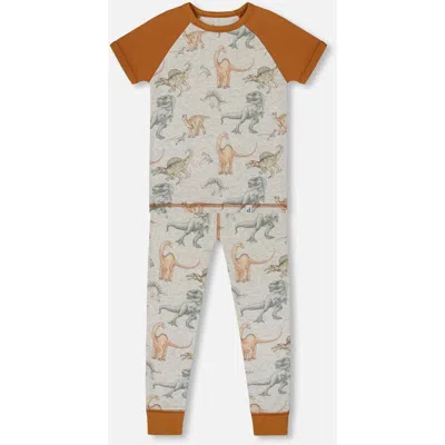 Deux Par Deux Kids'  Boy's Organic Cotton Two-piece Short Sleeve Top And Pant Pajama Set Dinosaur On Mottle In Dinosaur On Mottled And Tan