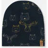 Deux Par Deux Boy's Printed Beanie Hat Beige Animals On Black Background In Beige Animals On Black
