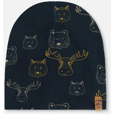 Deux Par Deux Kids'  Boy's Printed Beanie Hat Beige Animals On Black Background
