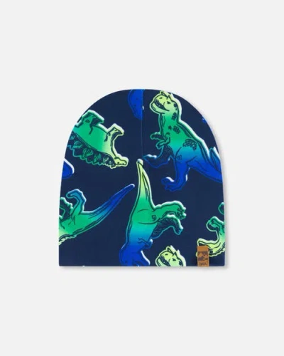 Deux Par Deux Kids'  Boy's Printed Beanie Hat Blue And Green Dino On Navy