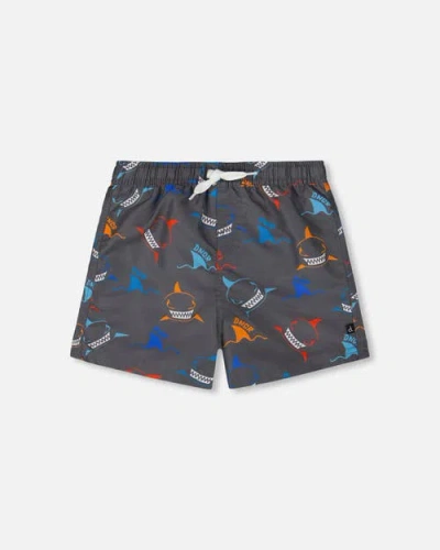 Deux Par Deux Kids'  Boy's Printed Boardshorts Orange, Red, And Blue Sharks On Gray In Orange Red And Blue Sharks