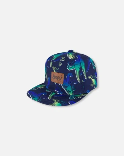 Deux Par Deux Babies'  Boy's Printed Cap Blue And Green Dino On Navy