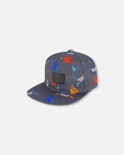 Deux Par Deux Babies'  Boy's Printed Cap Orange, Red, And Blue Sharks On Gray In Orange Red And Blue Sharks