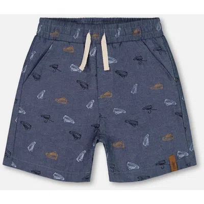 Deux Par Deux Kids'  Boy's Printed Chambray Short Gray, White And Tan In Blue