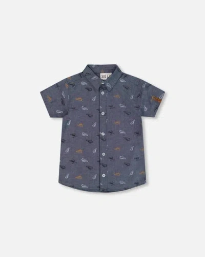 Deux Par Deux Kids'  Boy's Printed Chambray Short Sleeve Shirt Gray, White And Tan