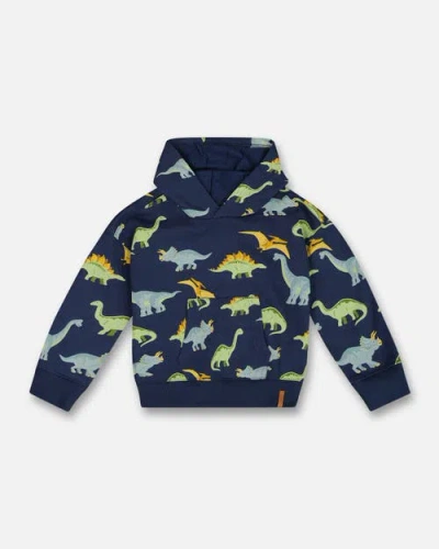Deux Par Deux Kids'  Unisex Printed Dino Fleece Hooded Sweatshirt Navy In Dress Blue