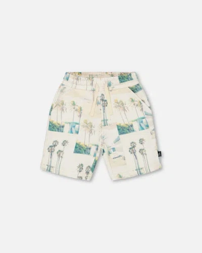 DEUX PAR DEUX DEUX PAR DEUX BOY'S PRINTED FRENCH TERRY SHORT BEIGE PALM TREE AND TEAL